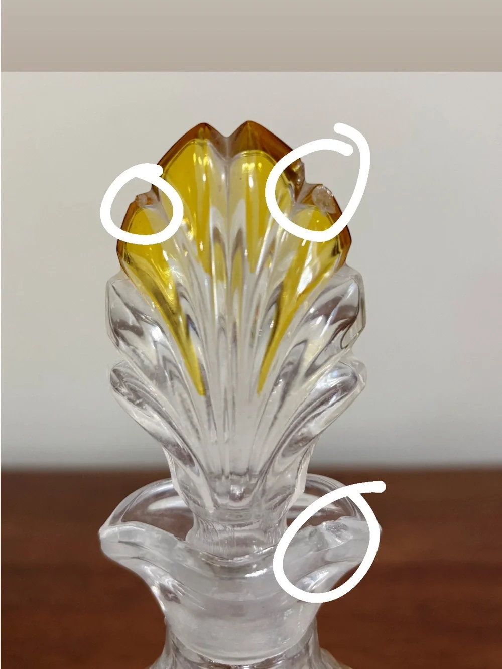 Vintage Bohemian Shell Shaped Amber Clear Glass Decanter 9”